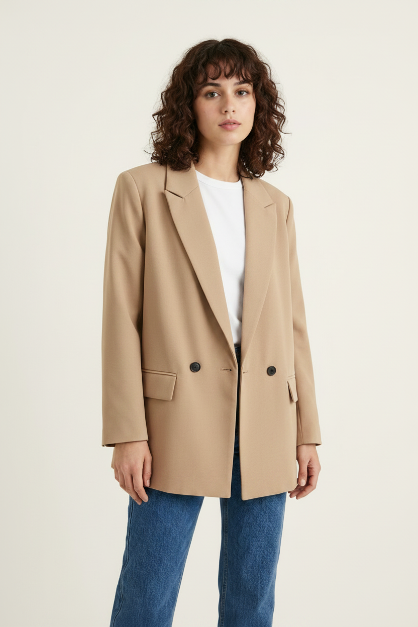 Double-Breasted Relaxed Fit Blazer with Flap Pockets in Beige, studio shot