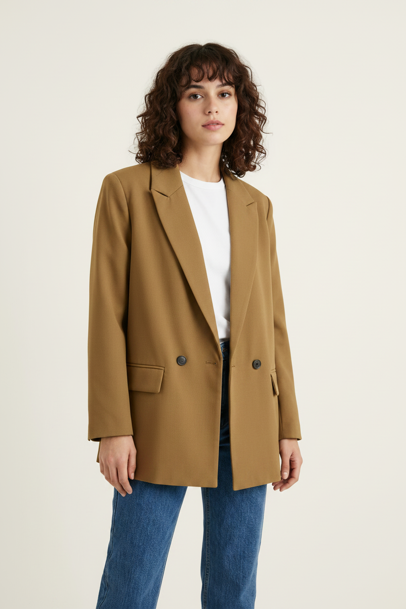 Double-Breasted Relaxed Fit Blazer with Flap Pockets in Khaki, studio shot