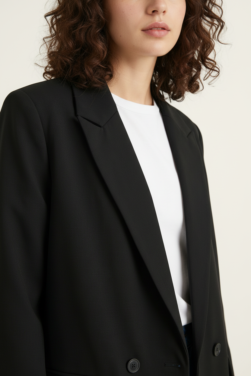 A close-up of a model wearing a black double-breasted blazer over a white crewneck top, set against a plain off-white background.