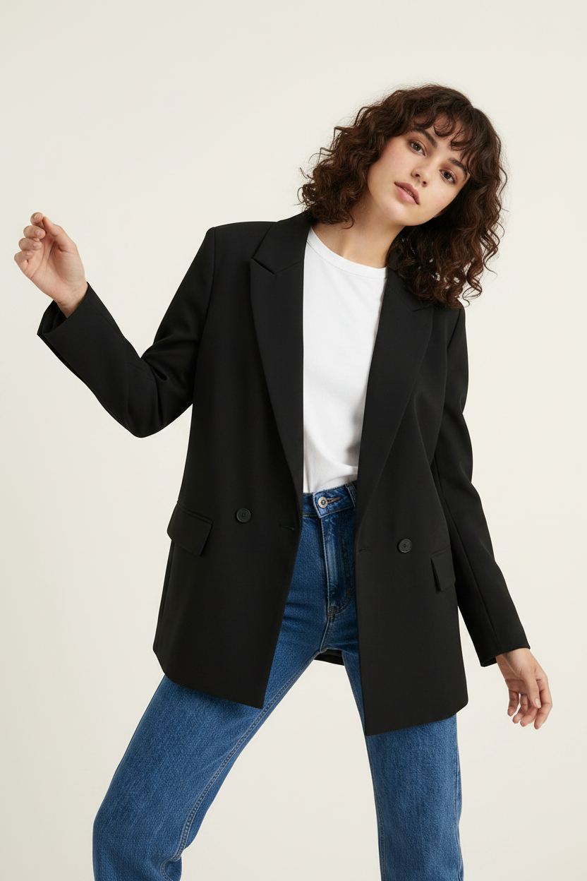 A woman modeling a black double-breasted blazer over a white crewneck t-shirt and blue jeans, posed against a solid off-white studio background.
