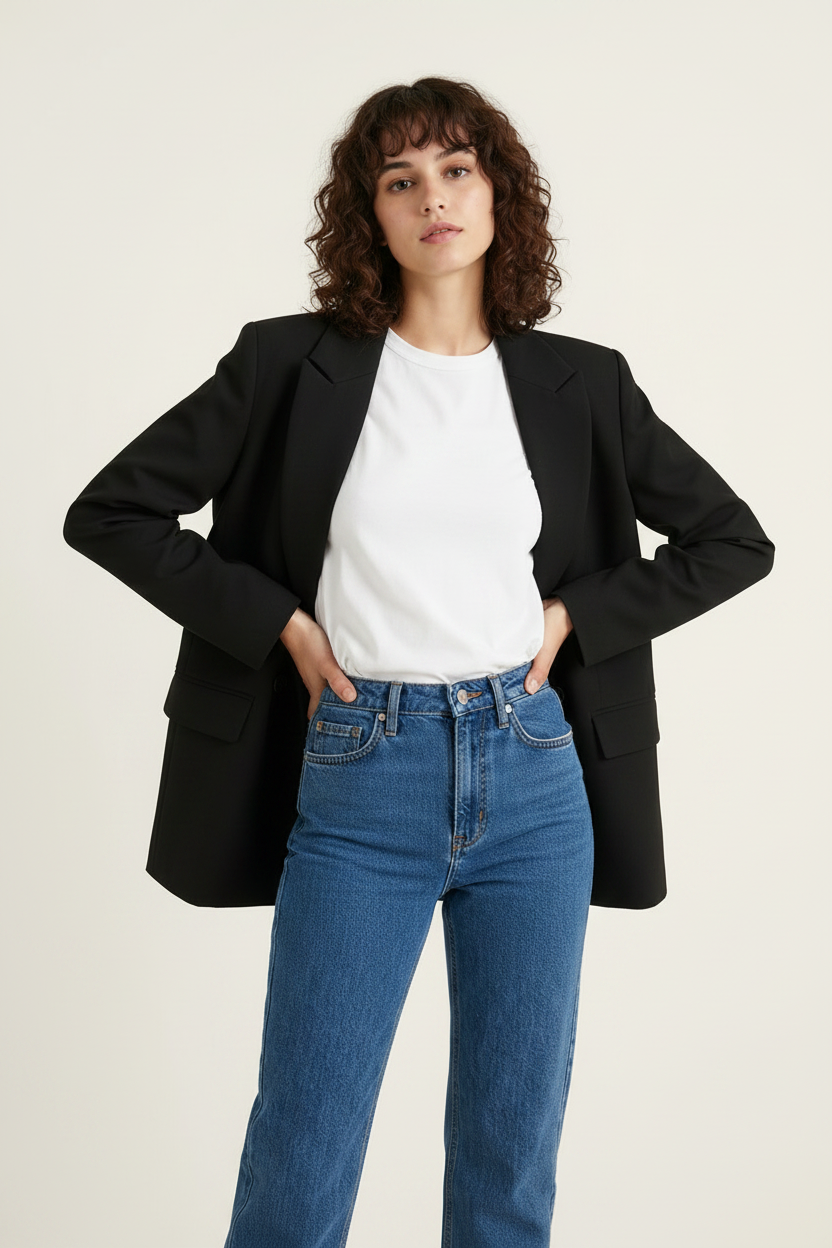 A woman modeling a black blazer over a white crewneck t-shirt and blue jeans, standing against a light beige studio background.