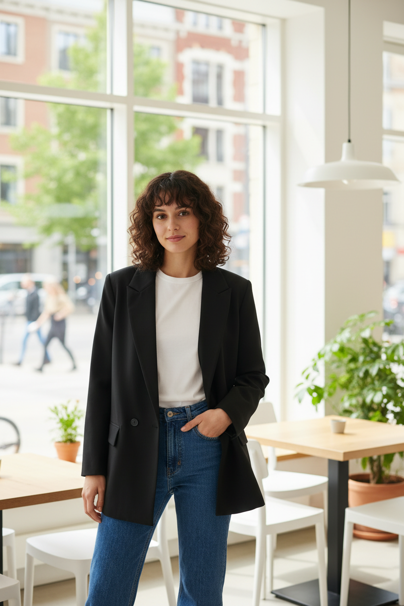 A woman stands in a bright cafe or office interior wearing a black blazer over a white top and blue jeans, with large windows and tables visible in the background.