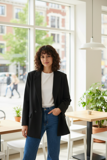 A woman stands in a bright cafe or office interior wearing a black blazer over a white top and blue jeans, with large windows and tables visible in the background.