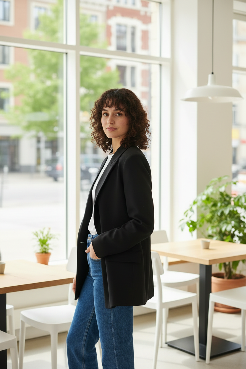 A woman stands in a bright cafe or office interior wearing a black blazer over a white top and blue jeans, with large windows and tables visible in the background.