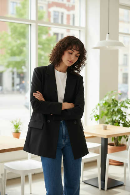 A woman stands in a bright cafe or office interior wearing a black blazer over a white top and blue jeans, with large windows and tables visible in the background.
