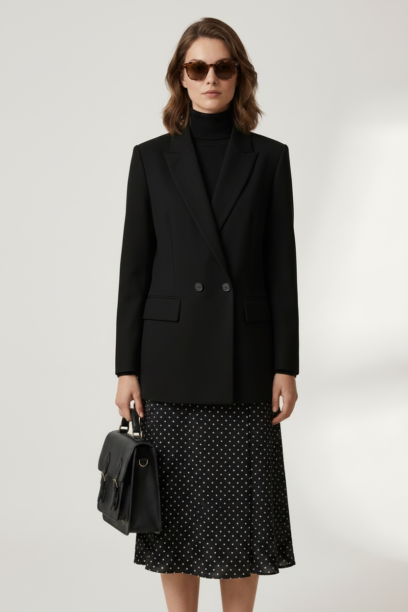 Double-breasted Relaxed Fit Blazer with Notched Lapels in Black, studio shot (1 of 6)