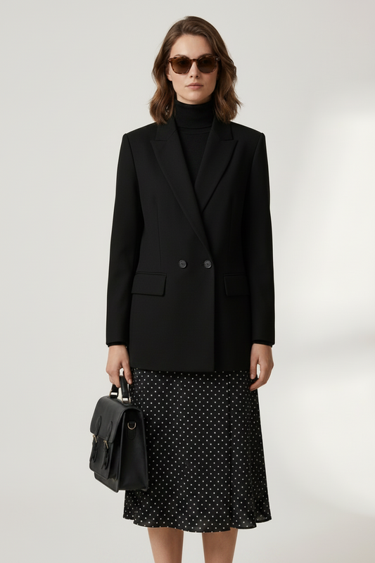 Double-breasted Relaxed Fit Blazer with Notched Lapels in Black, studio shot (1 of 6)