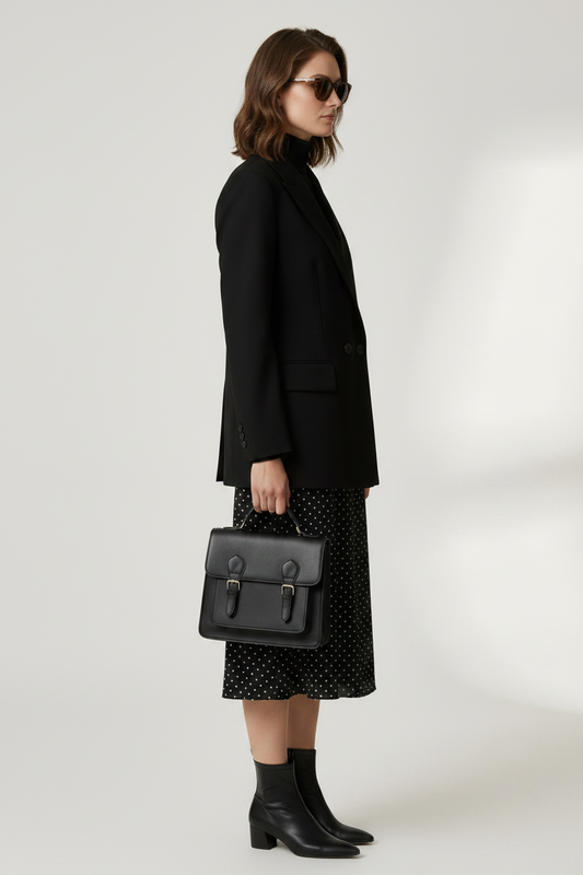 A model stands against a light gray studio background wearing a black double-breasted blazer over a black turtleneck, a black midi skirt with small white polka dots, and holding a black structured handbag.