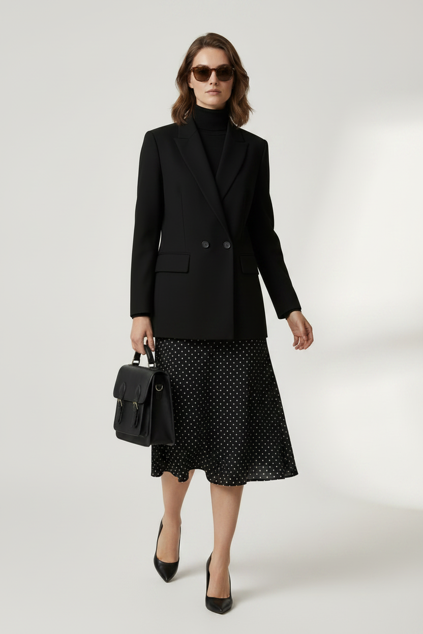 A model stands against a light gray studio background wearing a black double-breasted blazer over a black turtleneck, a black midi skirt with small white polka dots, and holding a black structured handbag.