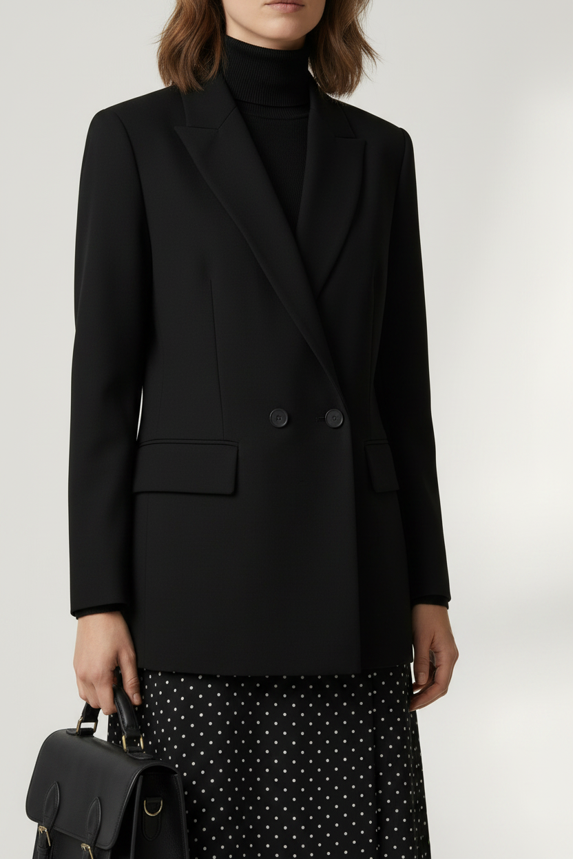 A model stands against a light gray studio background wearing a black double-breasted blazer over a black turtleneck, a black midi skirt with small white polka dots, and holding a black structured handbag.