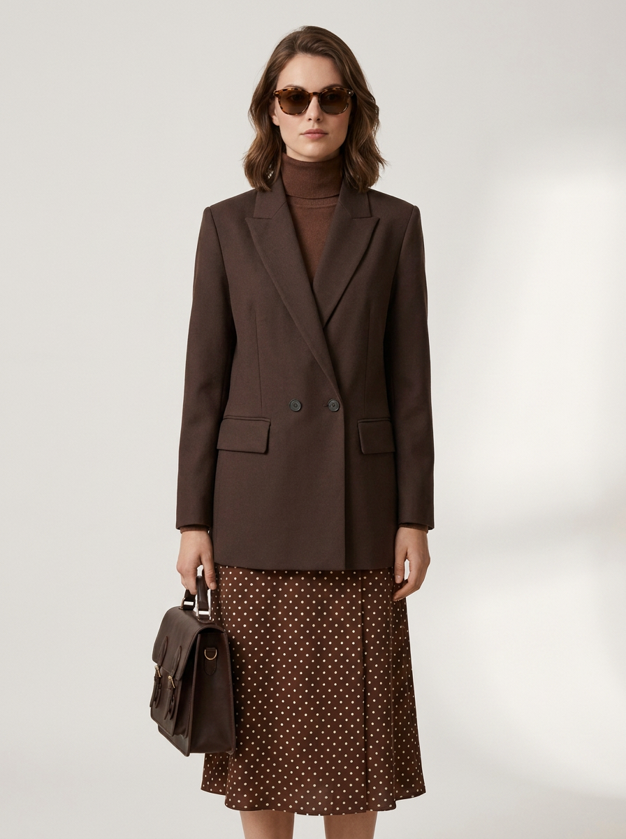 A woman modeling a dark brown double-breasted blazer over a brown turtleneck, paired with a brown and white polka dot skirt and holding a matching brown handbag, set against a plain light gray studio background.