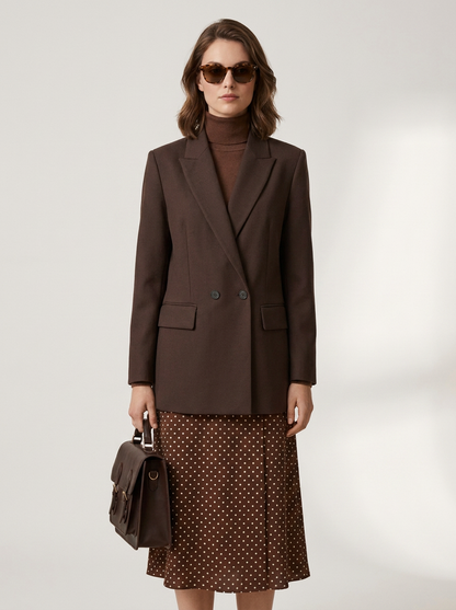 A woman modeling a dark brown double-breasted blazer over a brown turtleneck, paired with a brown and white polka dot skirt and holding a matching brown handbag, set against a plain light gray studio background.