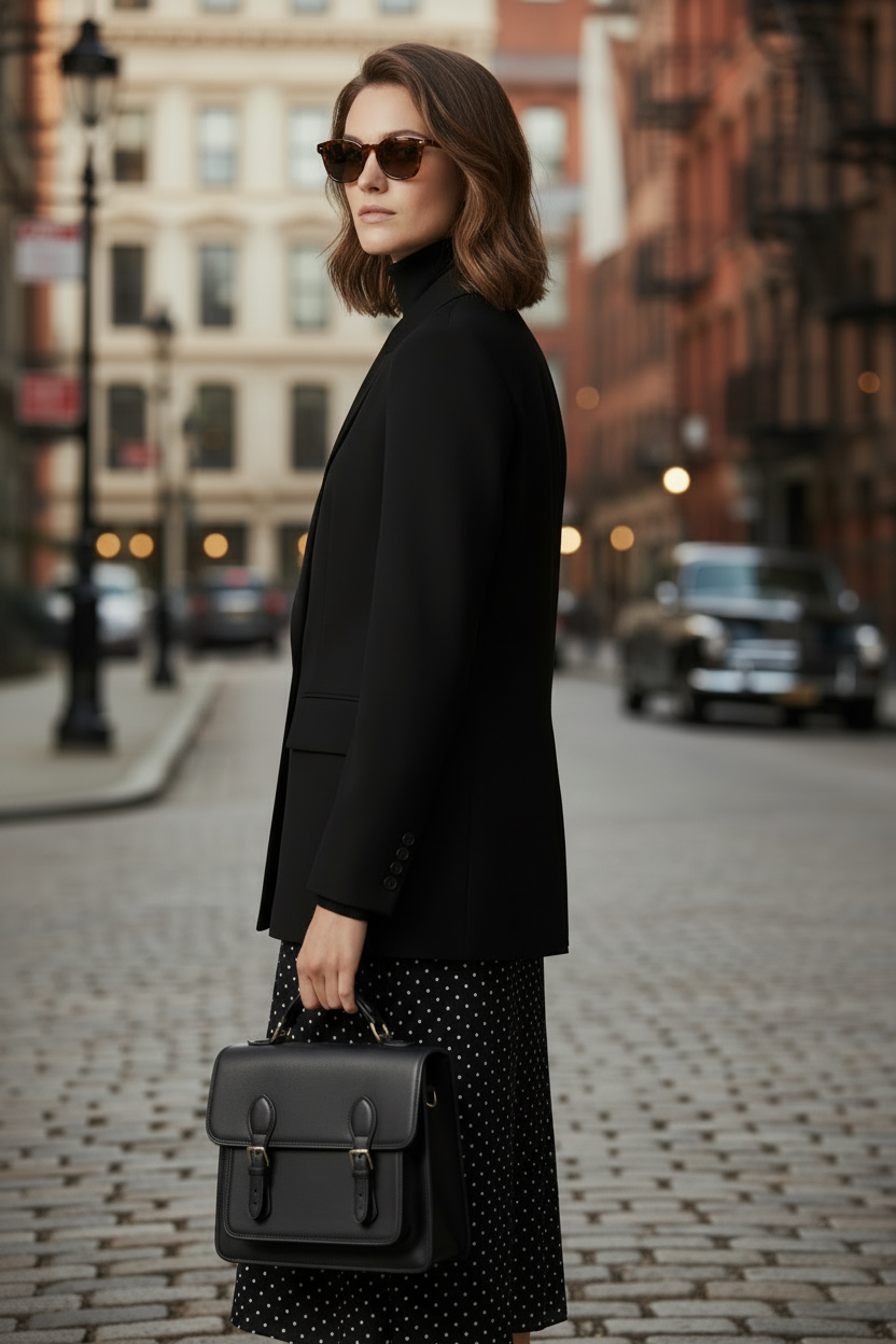 A woman stands on a cobblestone city street wearing a black double-breasted blazer over a black turtleneck, a black midi skirt with white polka dots, and holding a black handbag.