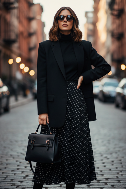 A woman stands on a cobblestone city street wearing a black blazer, black turtleneck, black polka-dot skirt, and dark sunglasses, while holding a structured black leather satchel bag.