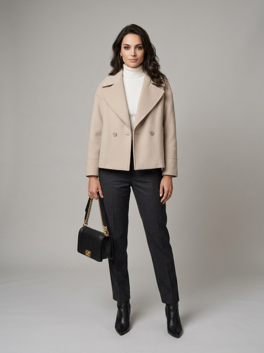 A woman stands against a light gray studio background wearing a beige double-breasted coat over a white turtleneck, dark charcoal trousers, and black ankle boots, while holding a black quilted handbag with gold chain detailing.