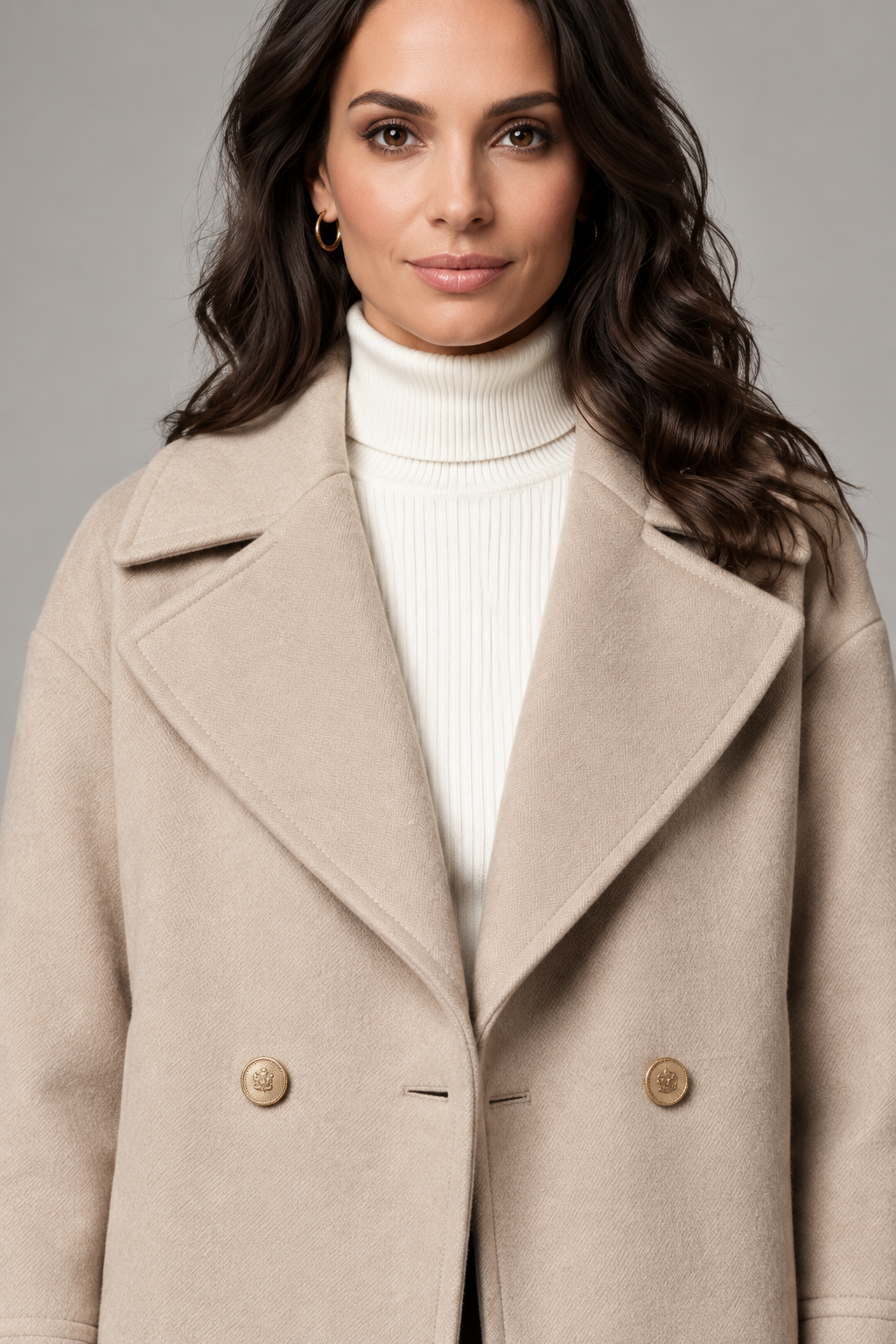 Double Breasted Short Wool Blend Coat with Notch Lapel, detail close-up