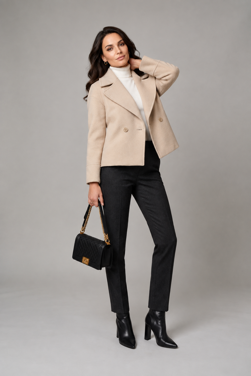 Double Breasted Short Wool Blend Coat with Notch Lapel, back view