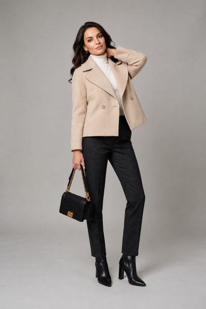 Double Breasted Short Wool Blend Coat with Notch Lapel, back view