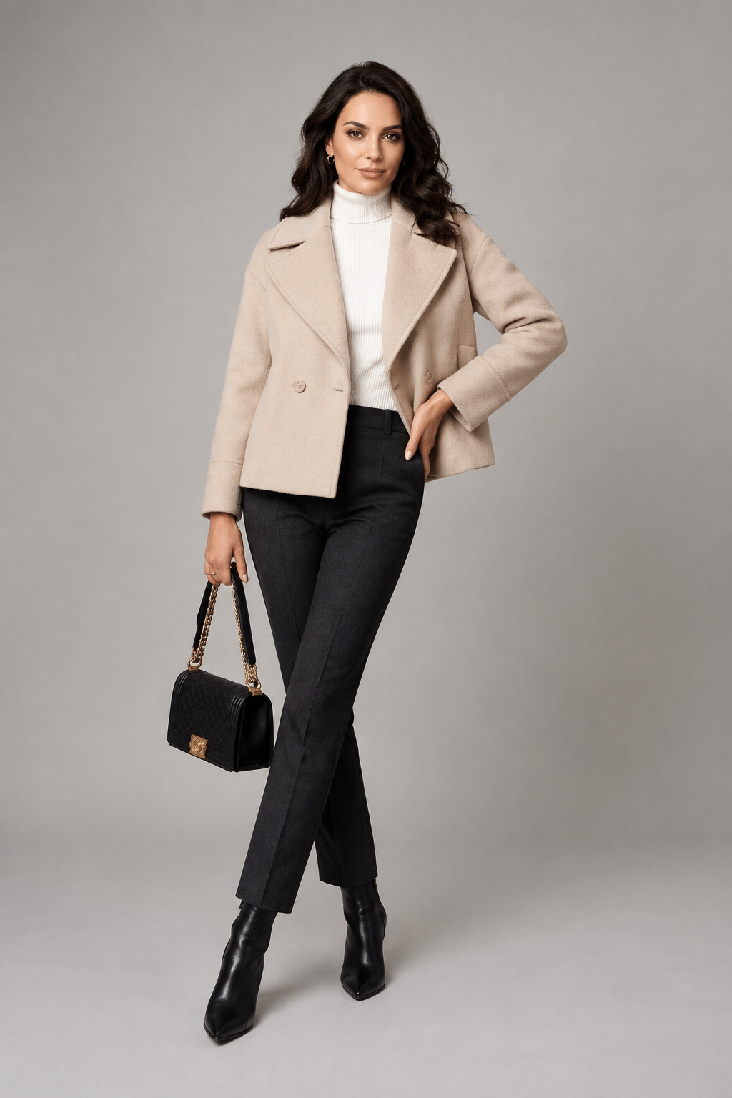 Double Breasted Short Wool Blend Coat with Notch Lapel, styled pose
