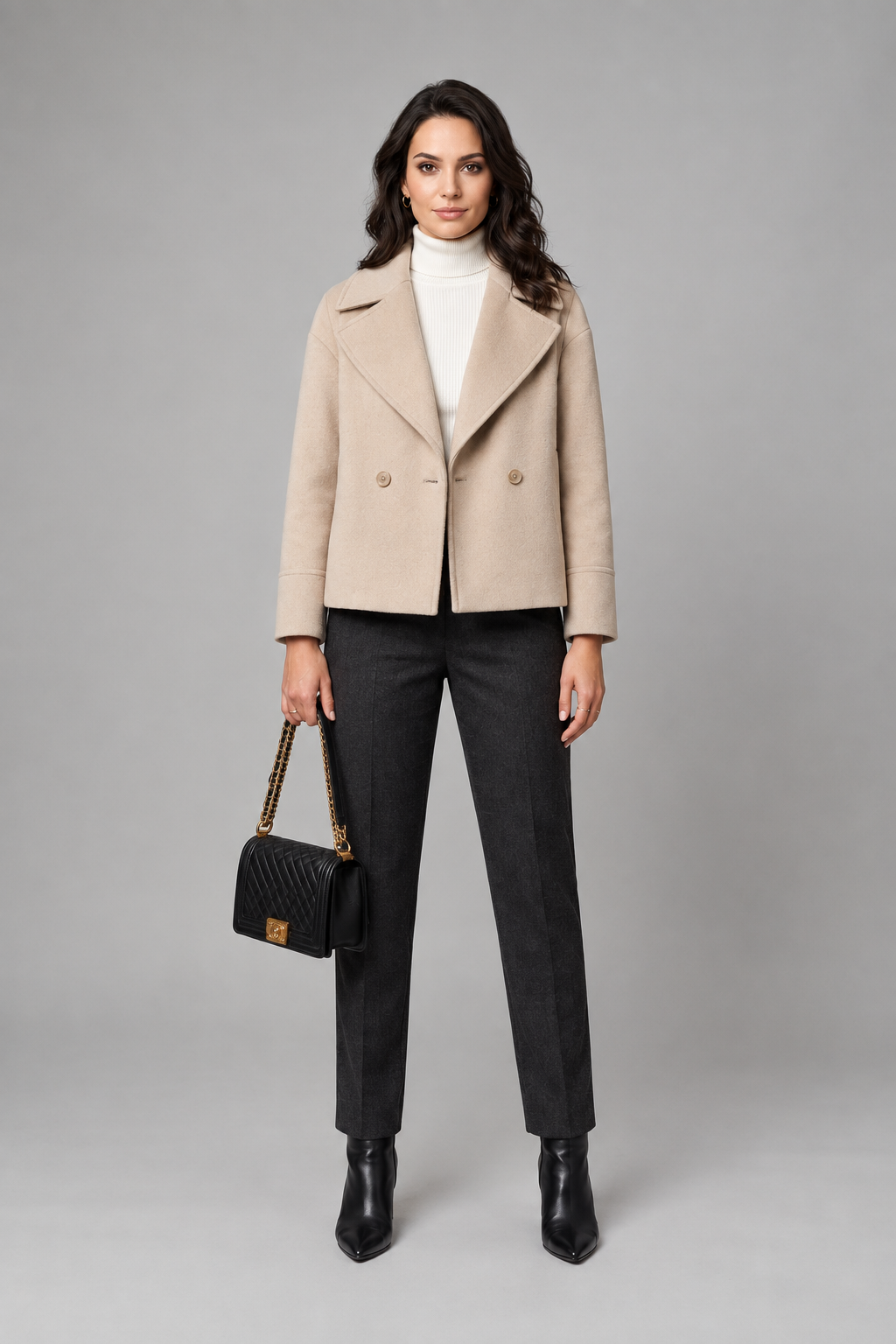 Double Breasted Short Wool Blend Coat with Notch Lapel