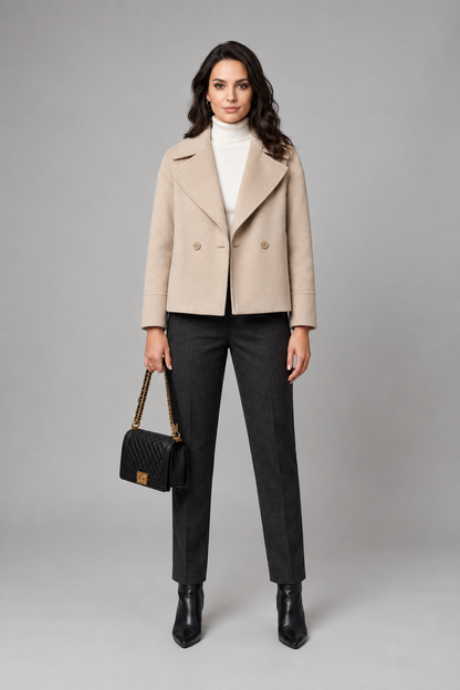 Double Breasted Short Wool Blend Coat with Notch Lapel