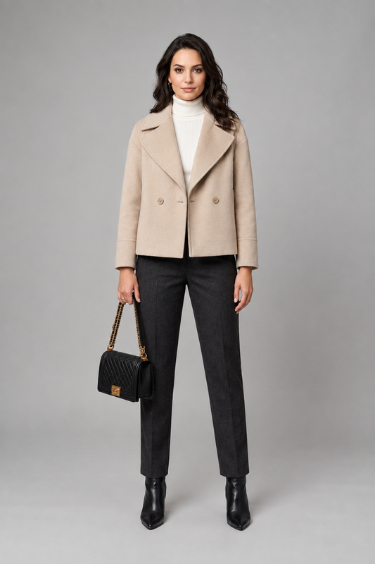 Double Breasted Short Wool Blend Coat with Notch Lapel