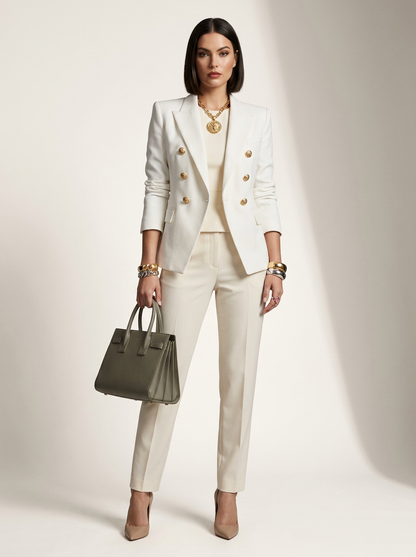 Double Breasted Tailored Blazer with Embossed Gold Buttons in Creamy-White, studio shot