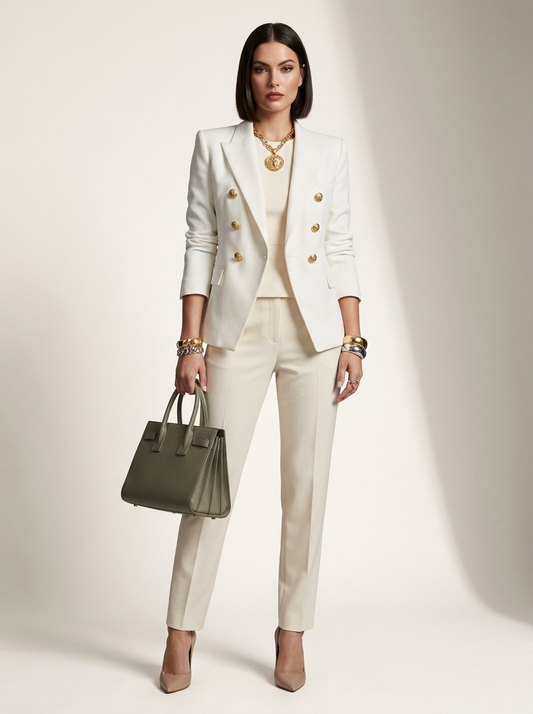 Double Breasted Tailored Blazer with Embossed Gold Buttons in Creamy-White, studio shot