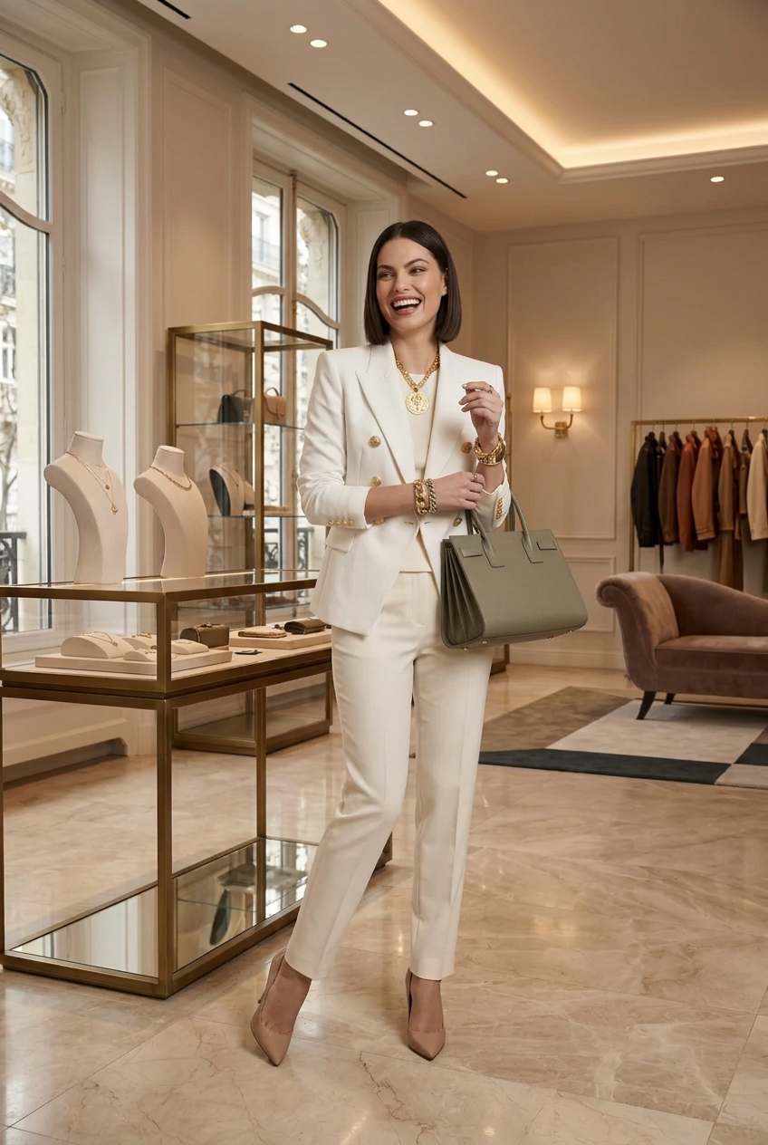 A woman stands in a luxury boutique wearing a tailored white double-breasted blazer and matching trousers, accessorized with gold jewelry and carrying a muted sage green handbag.