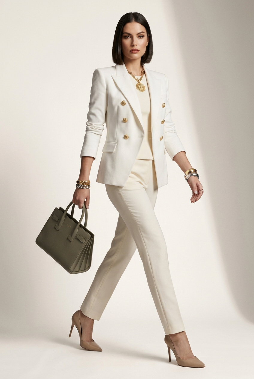A model stands against a warm beige studio backdrop wearing a tailored cream double-breasted blazer with gold buttons, matching cream trousers, a cream top, and nude heels, while carrying a structured taupe handbag.