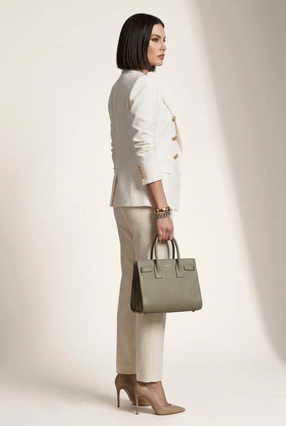 A model stands against a warm beige studio backdrop wearing a tailored cream double-breasted blazer with gold buttons, matching cream trousers, a cream top, and nude heels, while carrying a structured taupe handbag.
