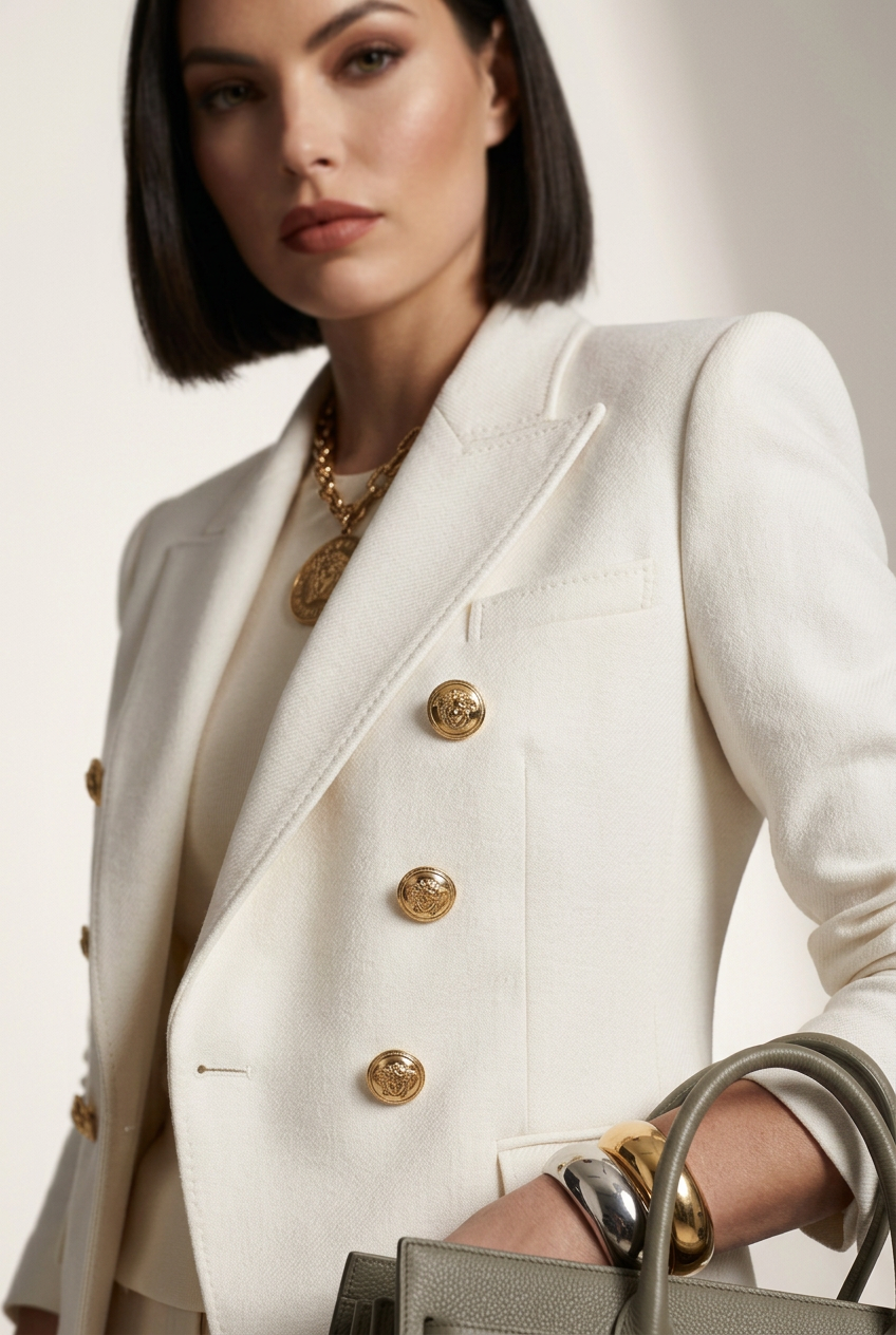 A model stands against a warm beige studio backdrop wearing a tailored cream double-breasted blazer with gold buttons, matching cream trousers, a cream top, and nude heels, while carrying a structured taupe handbag.