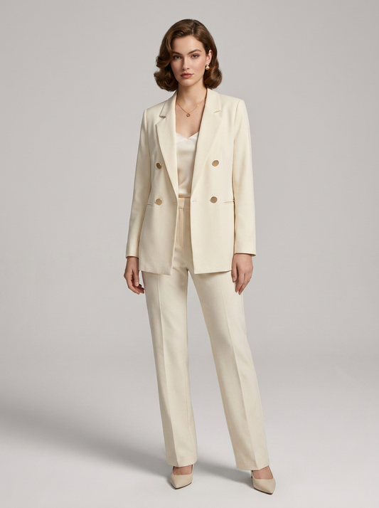 A woman models a cream-colored double-breasted blazer and matching trousers set, styled with a matching top and beige pointed-toe heels against a neutral studio background.