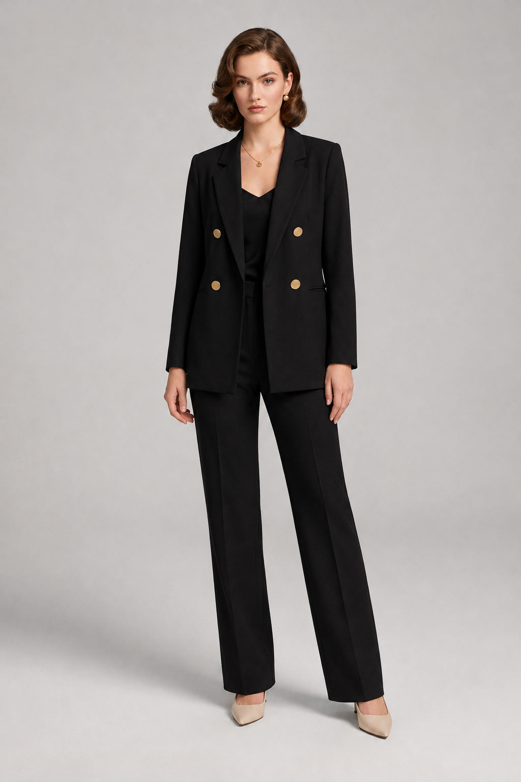 Double Breasted Tailored Blazer with Gold Tone Buttons in Black, studio shot