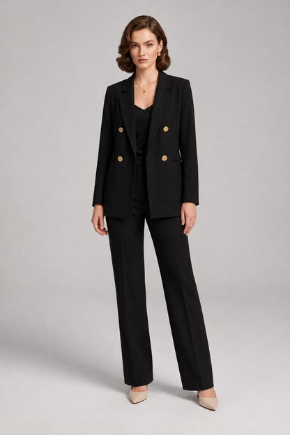 Double Breasted Tailored Blazer with Gold Tone Buttons in Black, studio shot