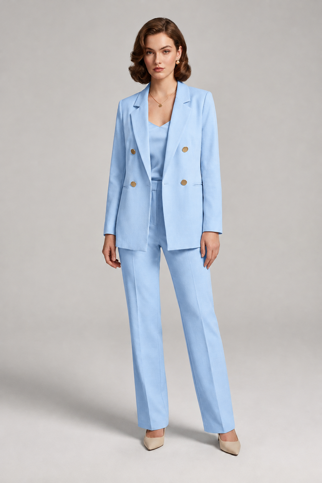 Double Breasted Tailored Blazer with Gold Tone Buttons in Light Blue, studio shot