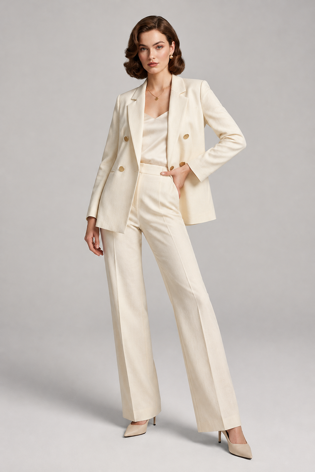 A woman models a cream-colored double-breasted blazer and matching trousers set, styled with a matching top and beige pointed-toe heels against a neutral studio background.