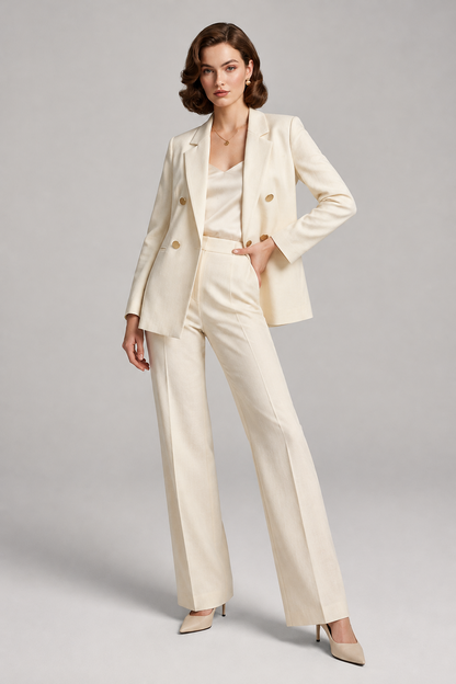A woman models a cream-colored double-breasted blazer and matching trousers set, styled with a matching top and beige pointed-toe heels against a neutral studio background.
