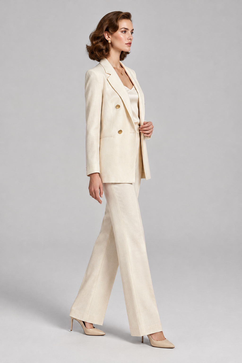A woman models a cream-colored double-breasted blazer and matching trousers set, styled with a matching top and beige pointed-toe heels against a neutral studio background.