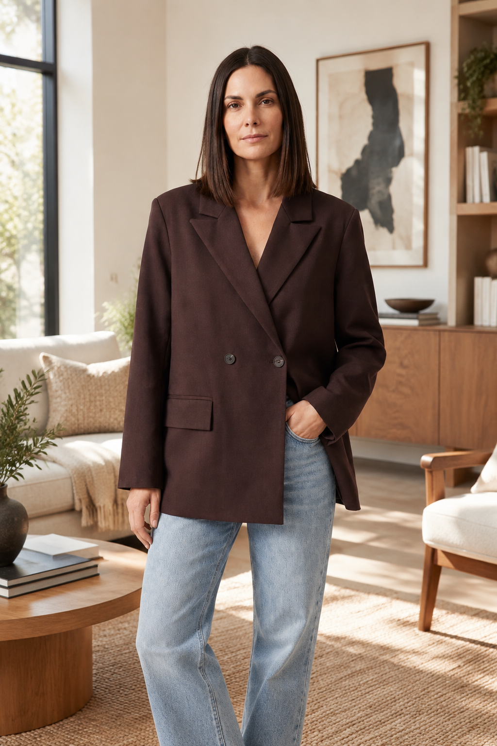 A woman modeling an oversized dark brown double-breasted blazer with light-wash blue jeans, standing against a plain off-white studio background.