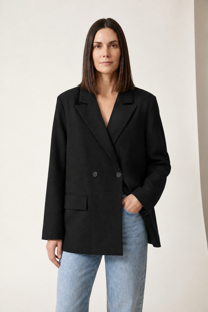Double-Breasted Tailored Blazer with Peak Lapels in Black, studio shot