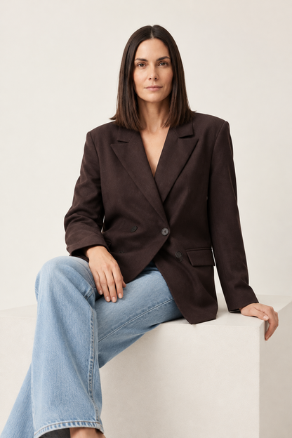A woman modeling an oversized dark brown double-breasted blazer with light-wash blue jeans, standing against a plain off-white studio background.