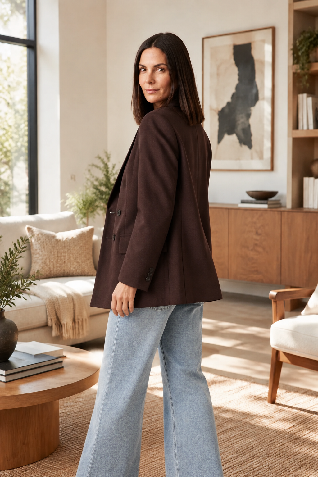A woman stands in a bright, modern living room wearing an oversized dark brown double-breasted blazer with light-wash blue jeans.