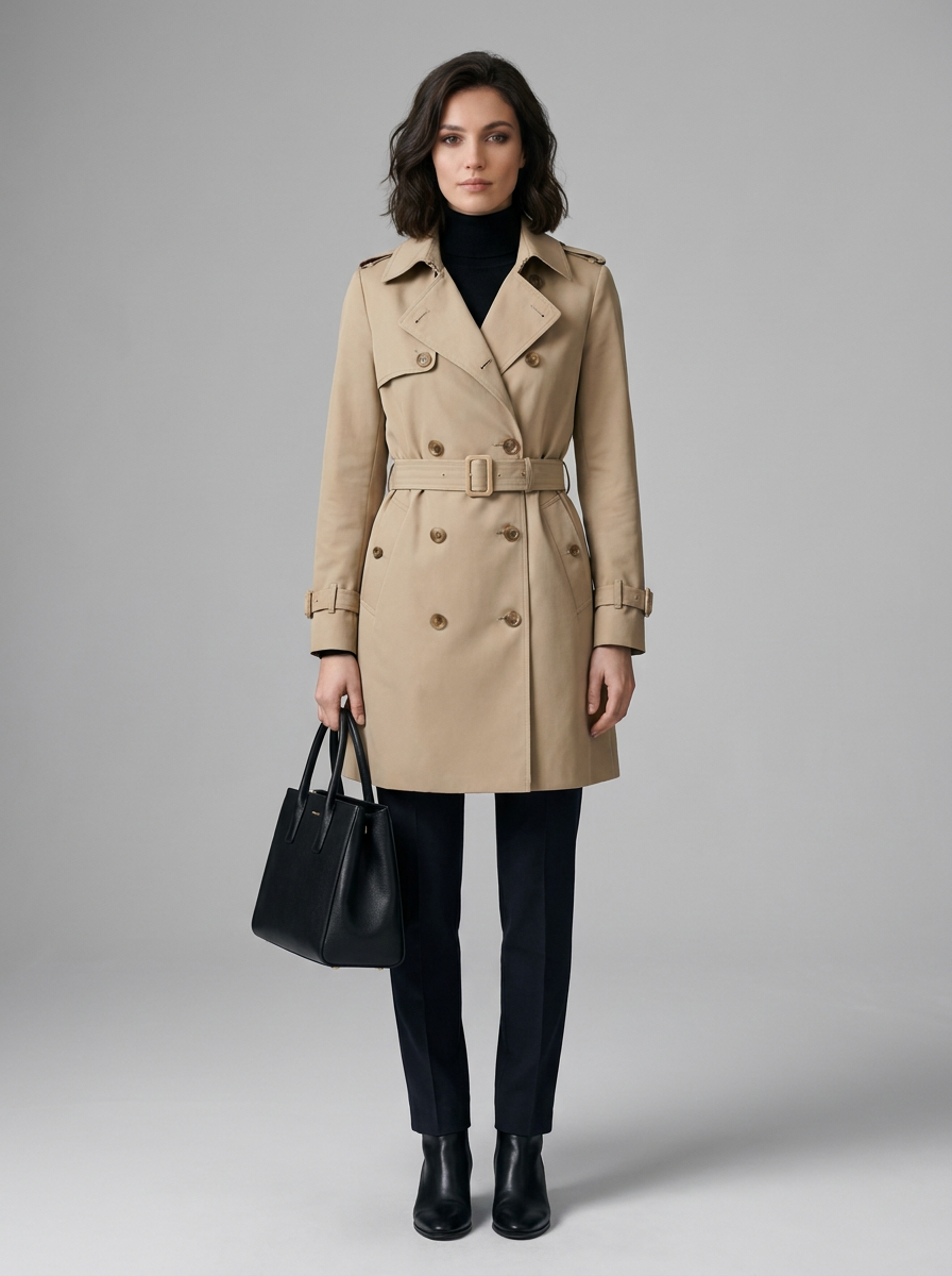 A woman stands against a light gray studio background wearing a beige trench coat over a black turtleneck, black pants, and black ankle boots, while holding a black tote bag.