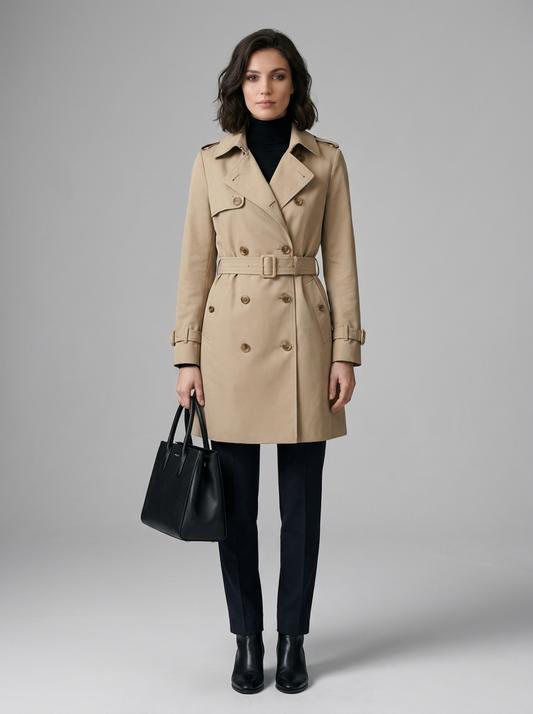 A woman stands against a light gray studio background wearing a beige trench coat over a black turtleneck, black pants, and black ankle boots, while holding a black tote bag.