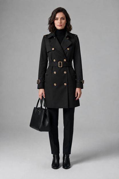 A woman stands against a light gray studio background wearing a beige trench coat over a black turtleneck, black pants, and black ankle boots, while holding a black tote bag.