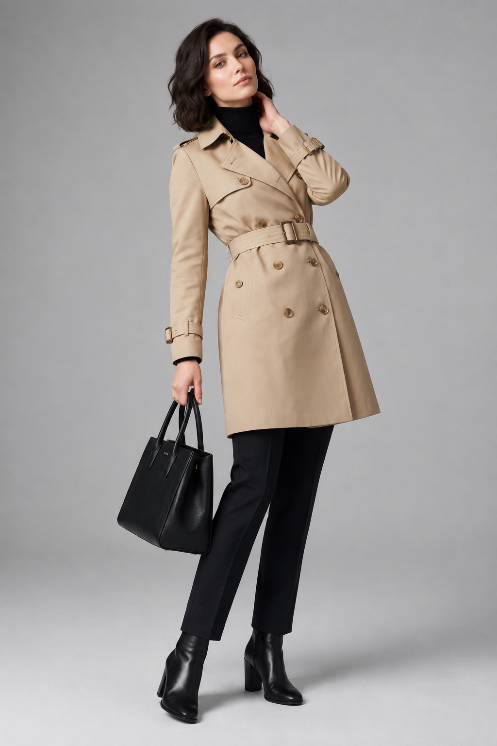 A woman models a classic beige trench coat over a black turtleneck, paired with black trousers and black ankle boots, while holding a black leather handbag against a neutral gray studio background.