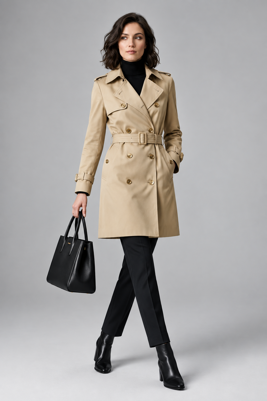 A woman modeling a classic beige trench coat over a black turtleneck, paired with black trousers and black ankle boots, while holding a black leather handbag against a neutral gray studio background.