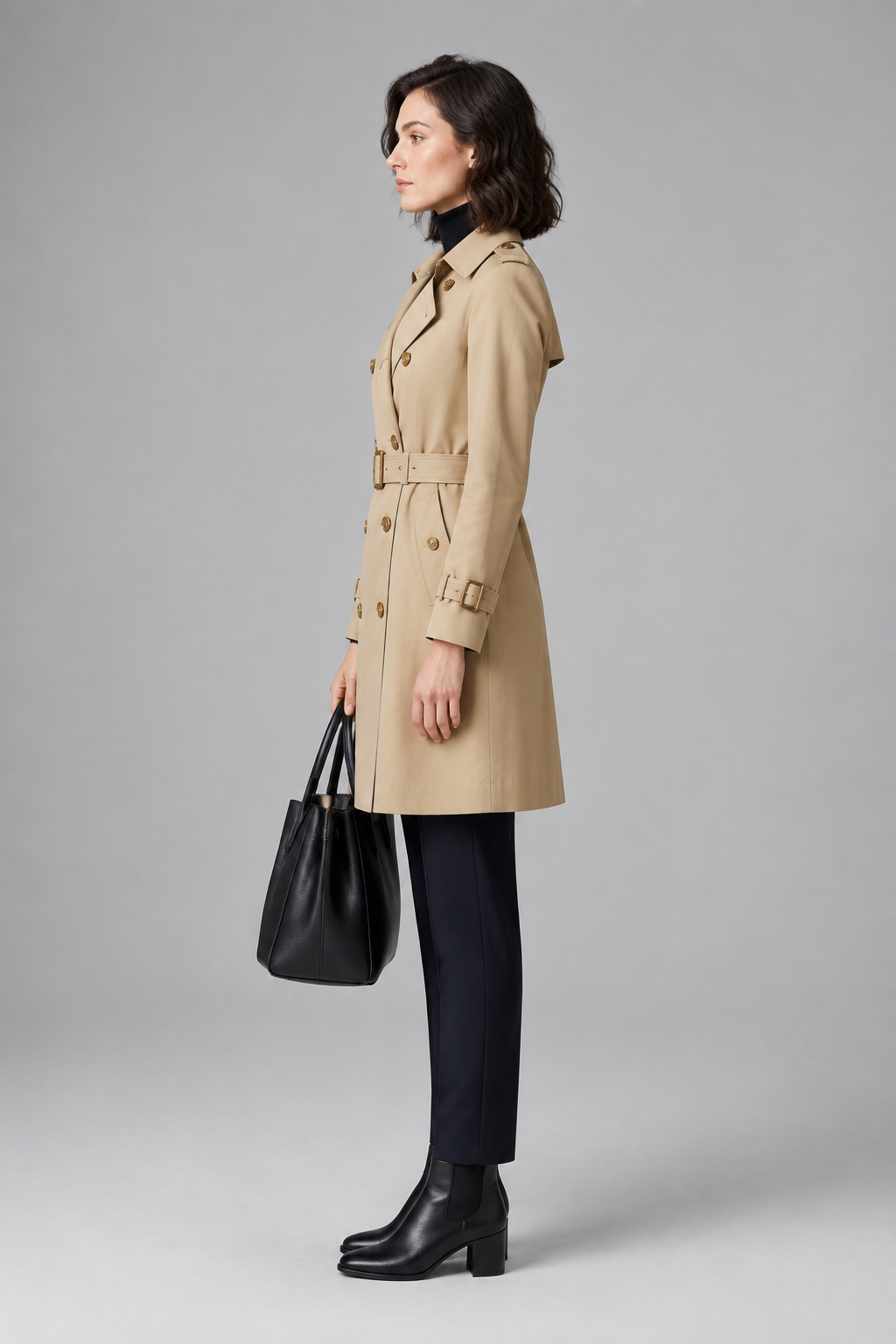 A woman stands in profile wearing a beige trench coat with a belt, dark navy trousers, black ankle boots, and holding a black tote bag against a plain light gray studio background.