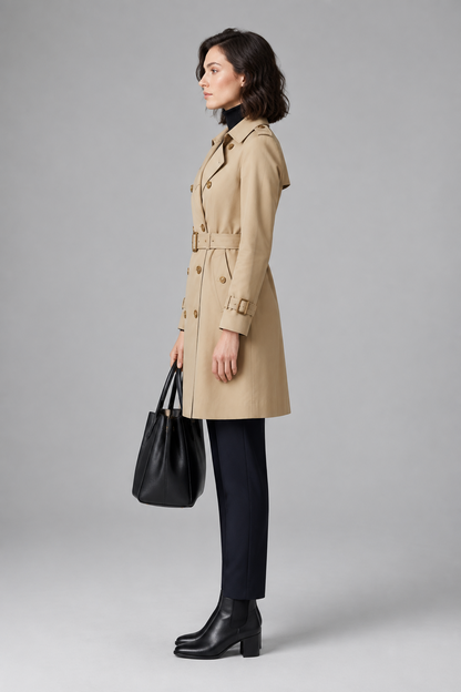 A woman stands in profile wearing a beige trench coat with a belt, dark navy trousers, black ankle boots, and holding a black tote bag against a plain light gray studio background.